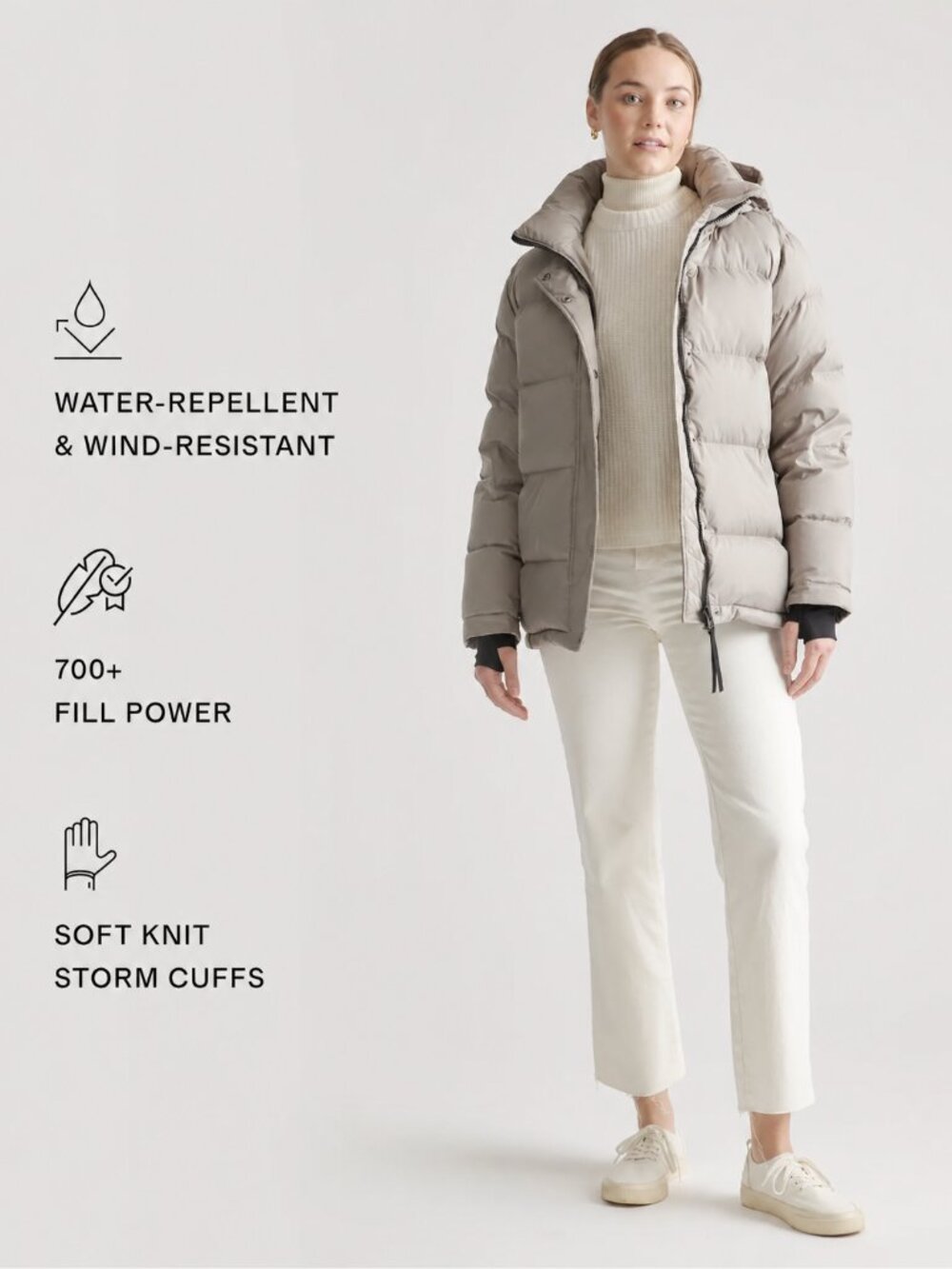 Quince Responsible Down Puffer Jacket Taupe Hooded Storm Cuffs Size XL